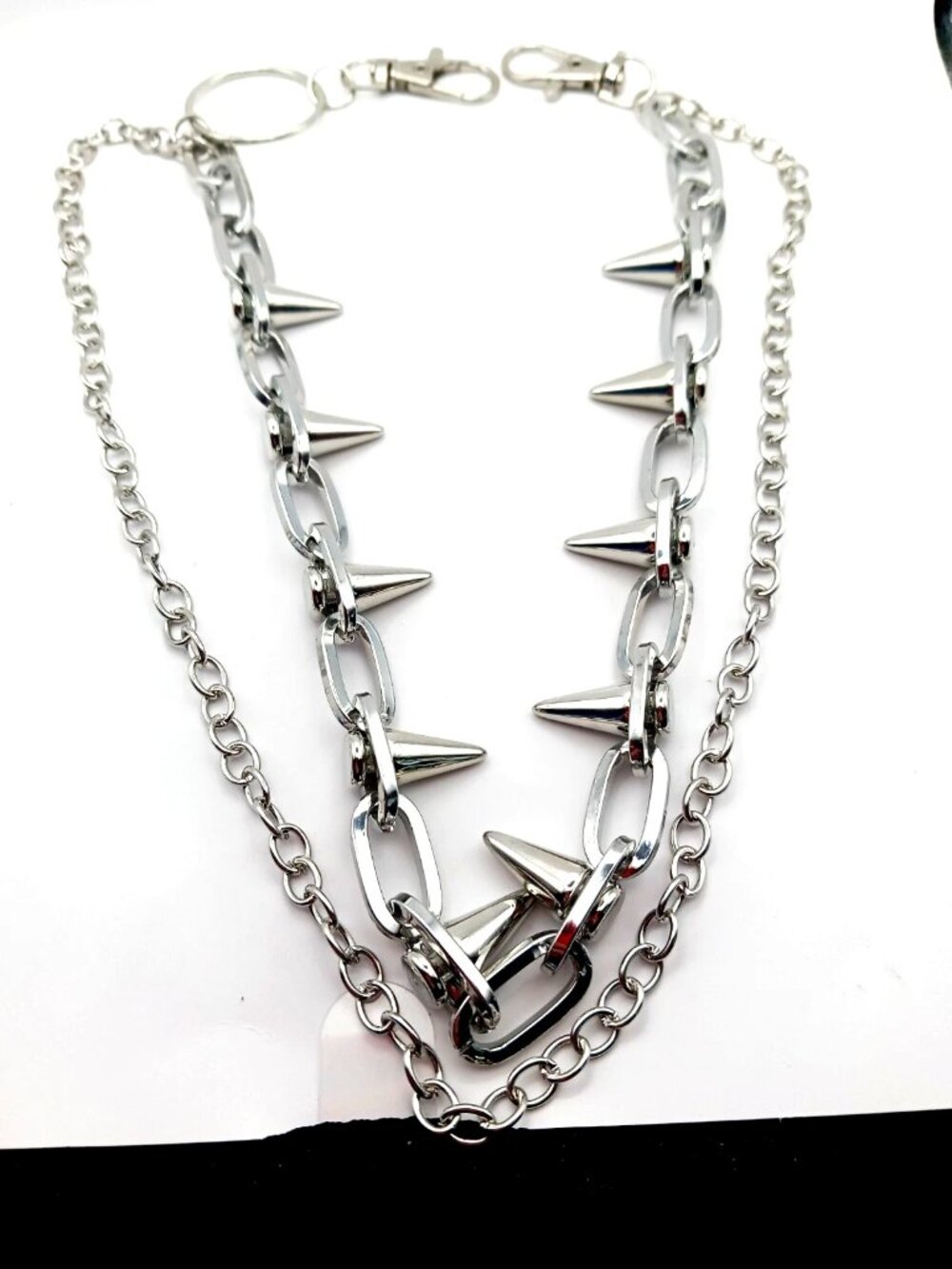Double Layer Spiked Silvertone Pants Or Wallet Chain  20 Inches